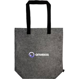 A grey tote bag with black handles and a logo on the front. Ideal for carrying various items.
