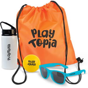 An orange drawstring bag with a logo, containing a white drink bottle, blue sunglasses, and a yellow ball.