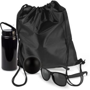 A water bottle, a drawstring backpack, a black ball, and a pair of sunglasses are featured in the Little Legends Pack.