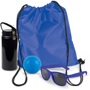 A drawstring backpack in blue, a black drink bottle, a blue ball, and a pair of purple sunglasses.