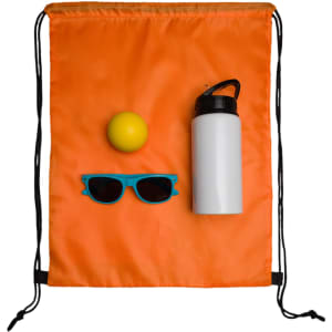 An orange drawstring bag featuring a white drink bottle, a yellow ball, and blue sunglasses. The bag has a logo.