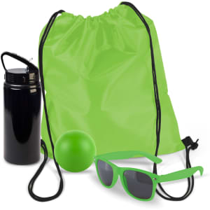 A green drawstring backpack, a black drink bottle, a green stress ball, and green sunglasses.