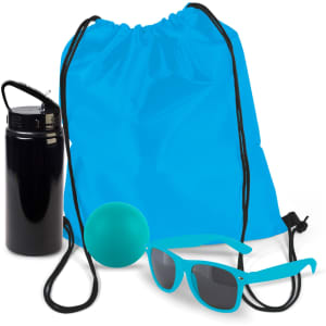 A drink bottle, a vibrant blue drawstring bag, a teal ball, and stylish turquoise sunglasses are displayed together.