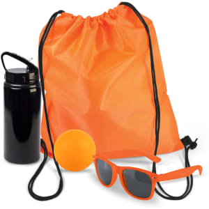 A drink bottle, an orange drawstring backpack, a black ball, and a pair of orange sunglasses.