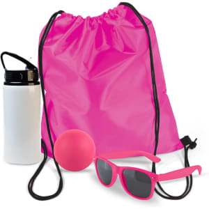 A pink drawstring backpack, a white drink bottle, a pink ball, and pink sunglasses.