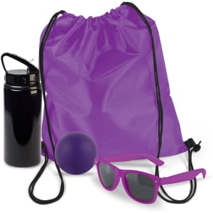 A black drink bottle, a purple drawstring backpack, a purple ball, and purple sunglasses.