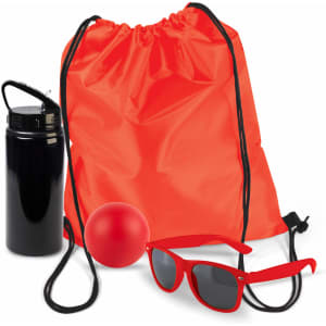 A drawstring bag in vibrant red, a black drink bottle, a red bouncy ball, and a pair of red sunglasses.