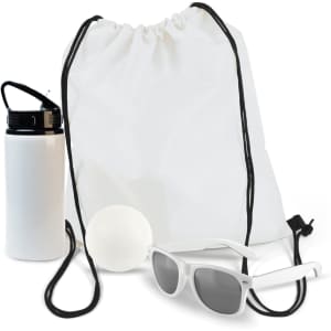A white drawstring bag with a white drink bottle, white sunglasses, and a white ball.