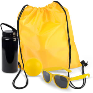 A yellow drawstring bag, a black drink bottle, a yellow bouncy ball, and yellow sunglasses.