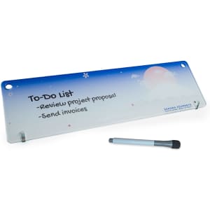 A clear whiteboard with a blue and pink gradient, featuring a to-do list and a grey marker. It has a logo.