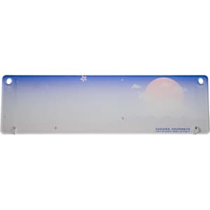 A long, translucent desk mat featuring a gradient from blue to white, with pink cherry blossom designs and a circular sun illustration.