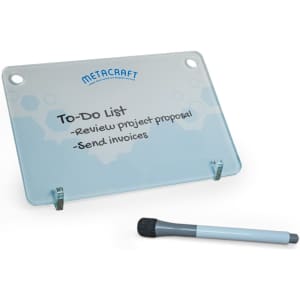 A clear acrylic to-do list board with a blue header and a list of tasks written on it, accompanied by a gray marker.