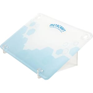 A transparent blue desk organizer with a hexagonal design and a logo at the top. It features clear supports for stability.
