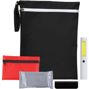 A black pouch containing a flashlight, a red pouch, a silver packet, and a black object.