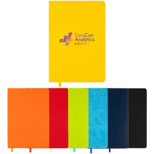 A collection of Genesis A5 Notebooks in yellow, orange, blue, green, black, and navy, featuring a logo on the front.