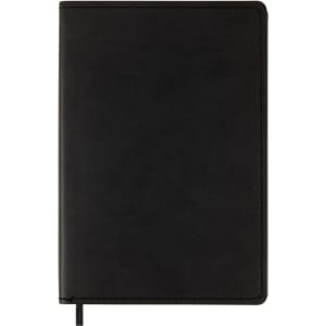 A sleek black Genesis A5 Notebook featuring a minimalist design with a stitched spine and a ribbon bookmark.