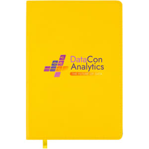A yellow A5 notebook with a logo on the cover, featuring a smooth surface and a matching ribbon bookmark.