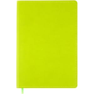 A bright green A5 notebook with a smooth cover and a ribbon bookmark.