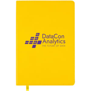 A yellow Genesis A5 Notebook featuring the printed logo of DataCon Analytics, labeled "THE FUTURE OF DATA."