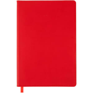 A red A5 notebook featuring a smooth cover and a ribbon bookmark.