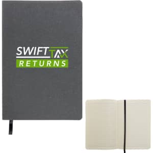 A dark grey recycled leather notebook with an inner page layout, featuring a logo on the cover.
