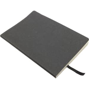 A recycled leather notebook featuring a soft cover, presented in a sleek gray color with a ribbon marker.