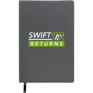A recycled leather notebook with a soft cover featuring the logo "SWIFTTAX RETURNS" in green and black.