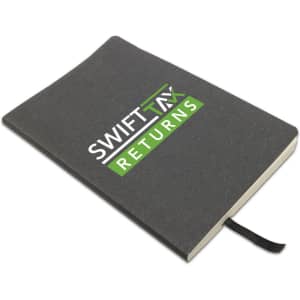 A recycled leather notebook with a soft cover, featuring "SWIFT TAX RETURNS" printed on the front.