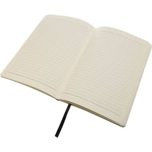 A recycled leather notebook with soft cover, featuring lined pages and a ribbon marker.