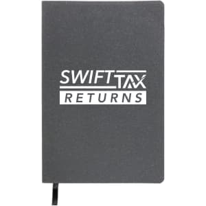 A recycled leather notebook featuring a dark cover with the text "SWIFTTAX RETURNS" printed prominently on the front.