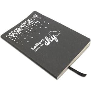 A black recycled leather notebook with a cloud design and a ribbon bookmark. It features the words "Letters from the sky."