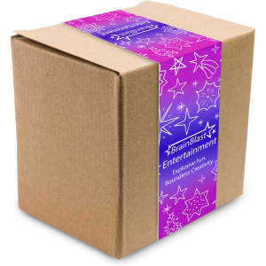 A brown cube box with a colorful purple and pink wrap featuring stars and text on one side.