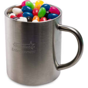 A stainless steel mug filled with assorted colorful mini jelly beans, featuring a branding logo.