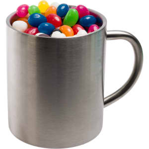 A Java mug filled with assorted colour mini jelly beans, showcasing a variety of vibrant candy colors.