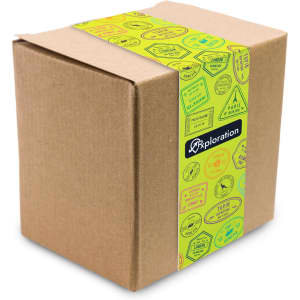 A brown cardboard box with a colorful travel-themed sticker band around it, featuring various stamps and labels.