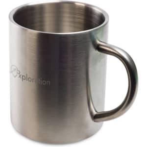 A stainless steel coffee mug with a sleek finish and a handle, featuring the logo "Exploration" on its side.