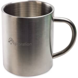 A stainless steel coffee mug with a smooth finish and a handle, featuring a logo on the side.