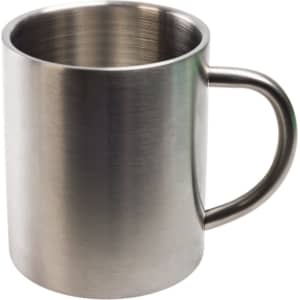A stainless steel coffee mug with a sleek, brushed finish and a sturdy handle.