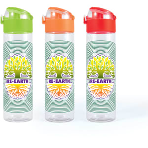 A drink bottle trio featuring transparent bodies and colourful caps in green, orange, and red, adorned with a decorative design and logo.