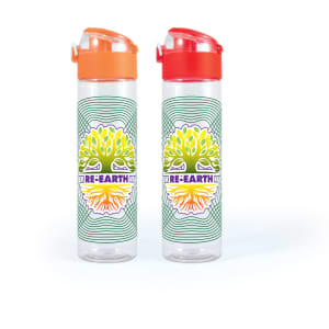 A drink bottle set featuring two transparent bottles with colourful lids; one orange and one red, both with a tree design.