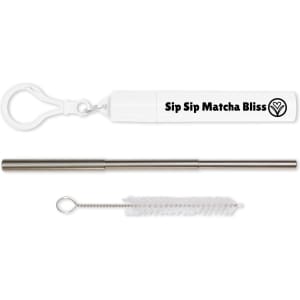 A drink bottle accessory featuring a silver telescopic straw, a cleaning brush, and a white carrying case with a logo.