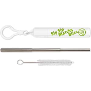 A drink bottle with a telescopic metal straw in silver, accompanied by a cleaning brush and a storage case, featuring a logo.