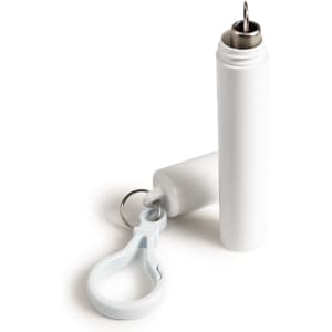 A drink bottle with a telescopic straw, featuring a white design and a keyring attachment.