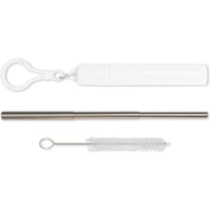 A drink bottle accessory featuring a white telescopic straw, with a cleaning brush and keychain holder.