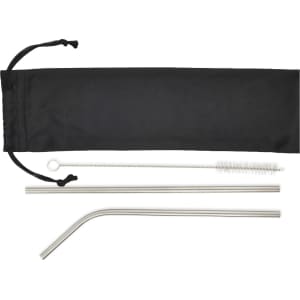 A drink bottle accessory set featuring two stainless steel straws, a cleaning brush, and a black carrying pouch.