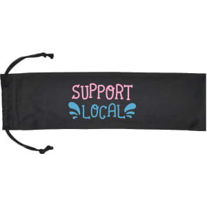 A black drawstring pouch with "SUPPORT LOCAL" printed in pink and blue. It features a simple design.