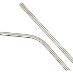 A drink bottle with two stainless steel straws, one straight and one bent, featuring a logo.