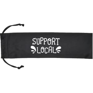 A black storage pouch with drawstring, featuring the text "SUPPORT LOCAL" in white lettering.