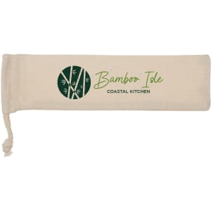 A cream-coloured pouch featuring a logo, with a drawstring closure for storage.