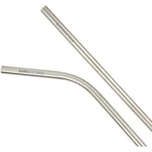 A set of silver straw pieces, including one straight and one bent, displayed against a white background.